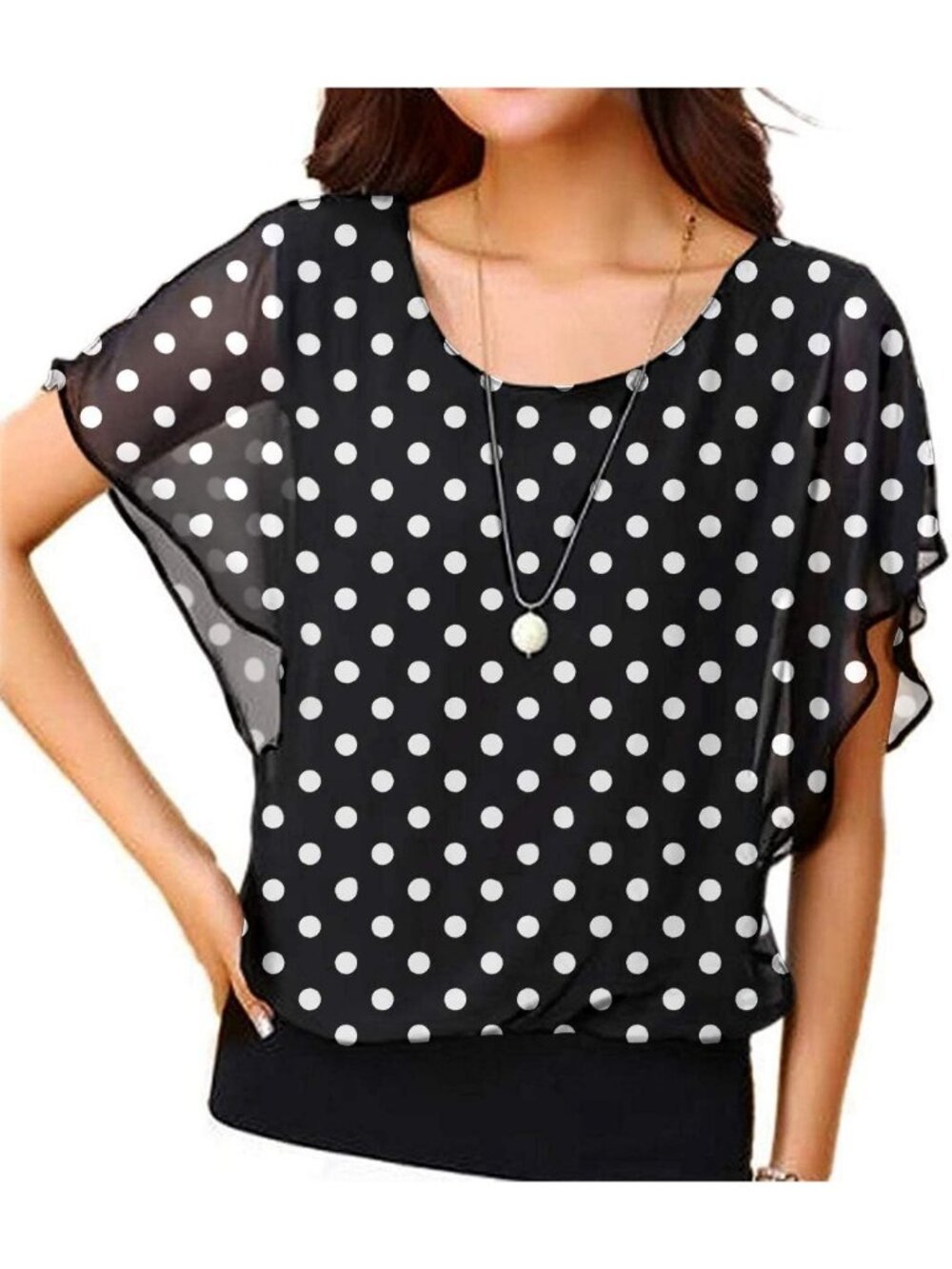 Women's Black Dot Elegant Loose Casual Short Sleeve Chiffon Top T Shirt Blouses